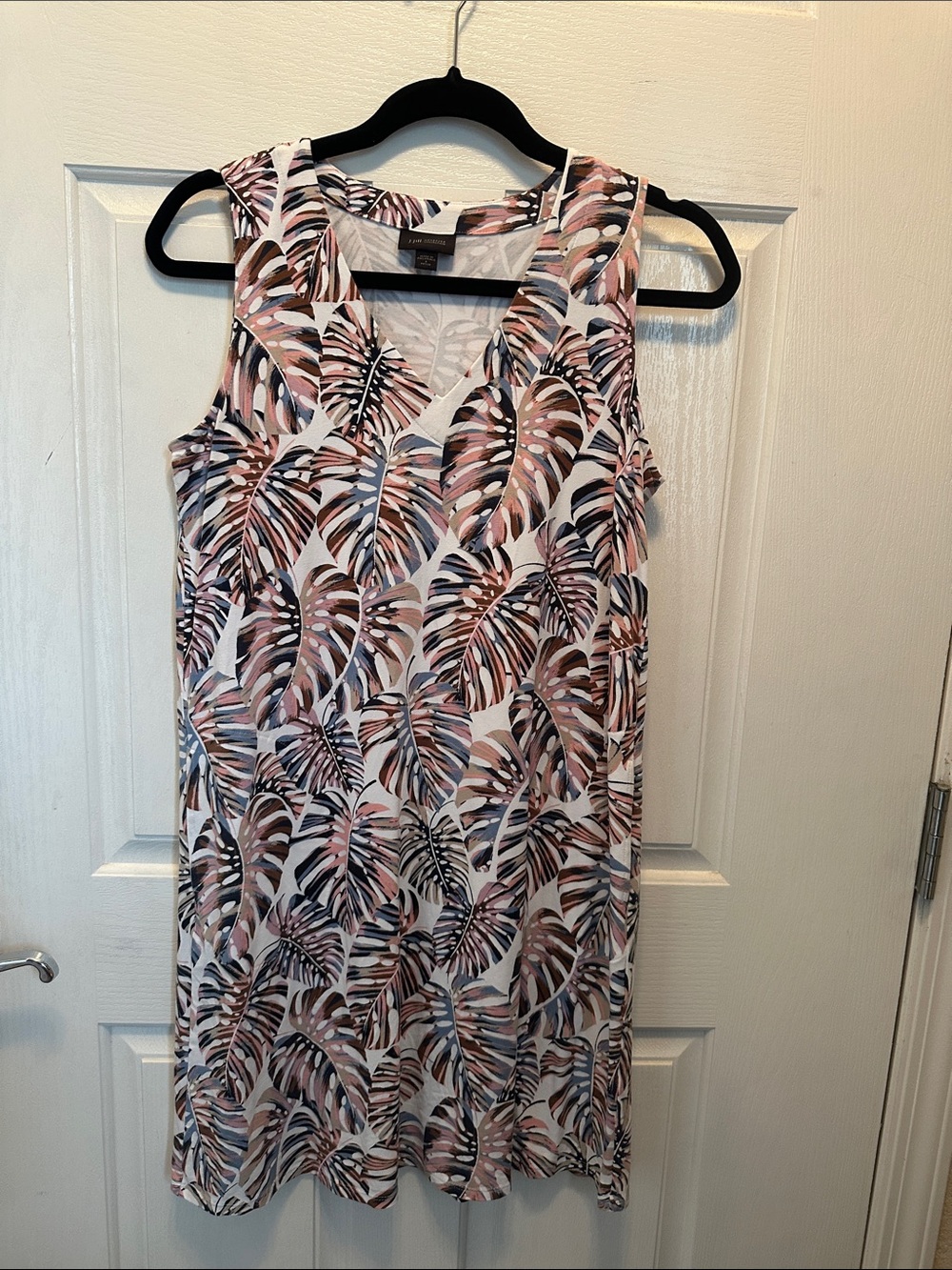 J. Jill Sleeveless Midi Dress in Pink, White and Brown Leaf Print Pockets SP